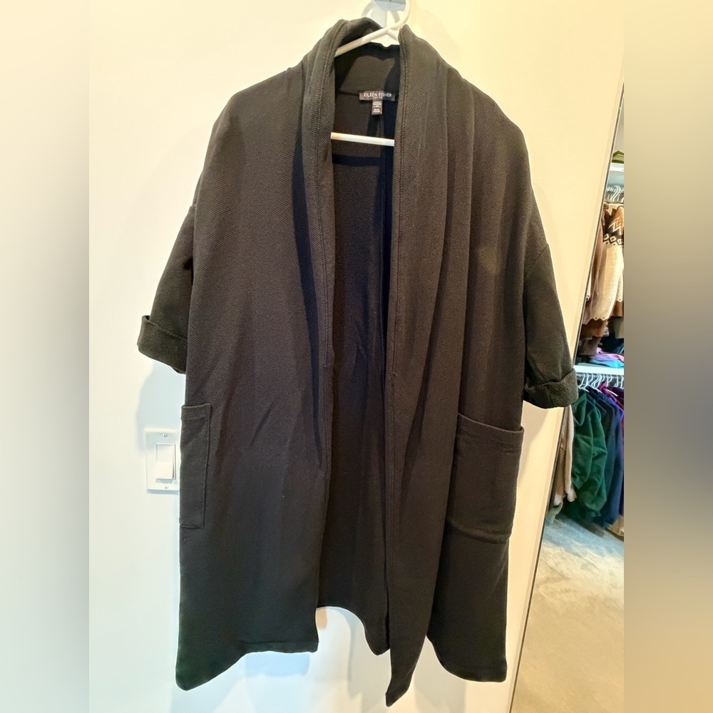 Eileen Fisher Black Short Sleeve Long Cardigan with Pockets